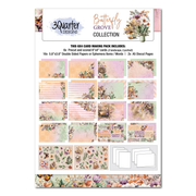 Butterfly Grove Collection 30 Quarter Designs card making kit packaging, showing a preview of various pastel patterned double-sided papers, ephemera items, and diecut pages.