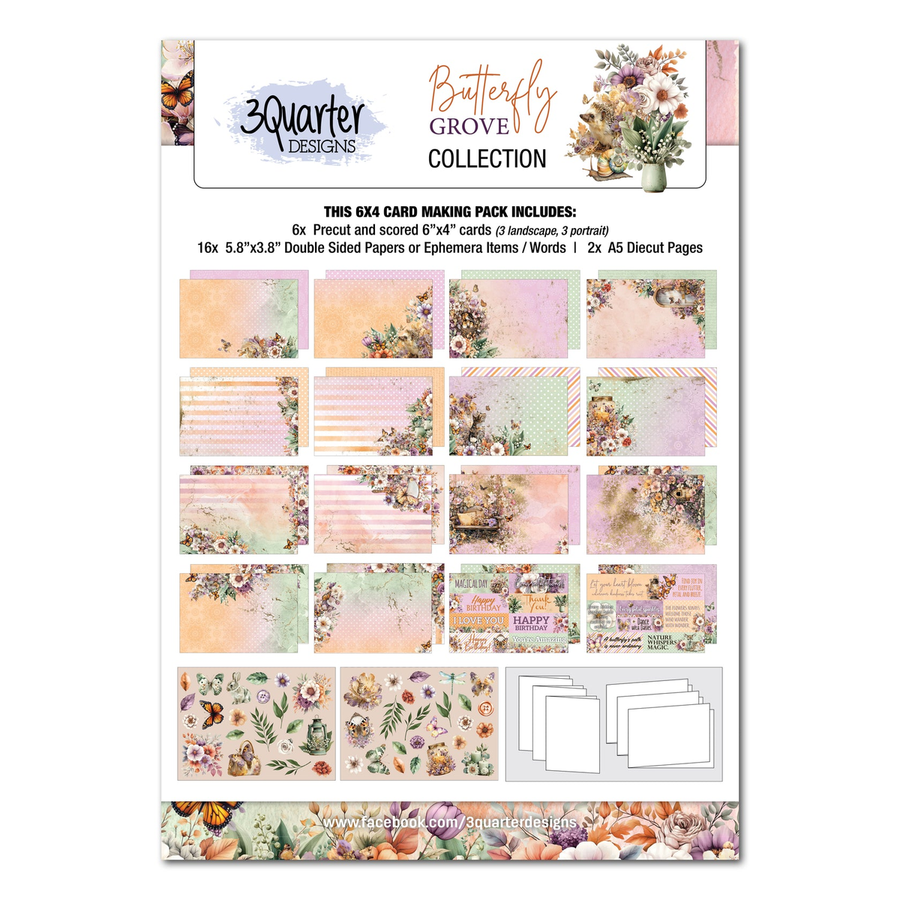 Butterfly Grove Collection 30 Quarter Designs card making kit packaging, showing a preview of various pastel patterned double-sided papers, ephemera items, and diecut pages.