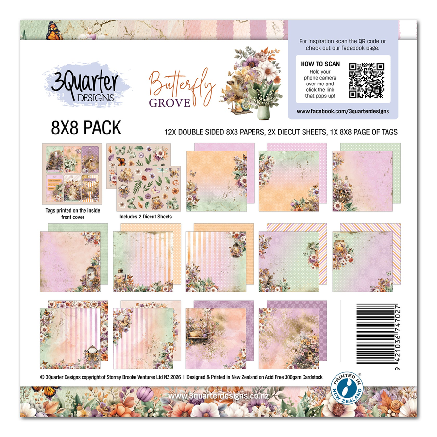 Front cover of a 3Quarter Designs Butterfly Grove 8x8 scrapbooking paper pack, showing the included 12 double-sided papers, 2 die-cut sheets, 1x page of tags, and a QR code on a white background with floral and pastel pattern previews.