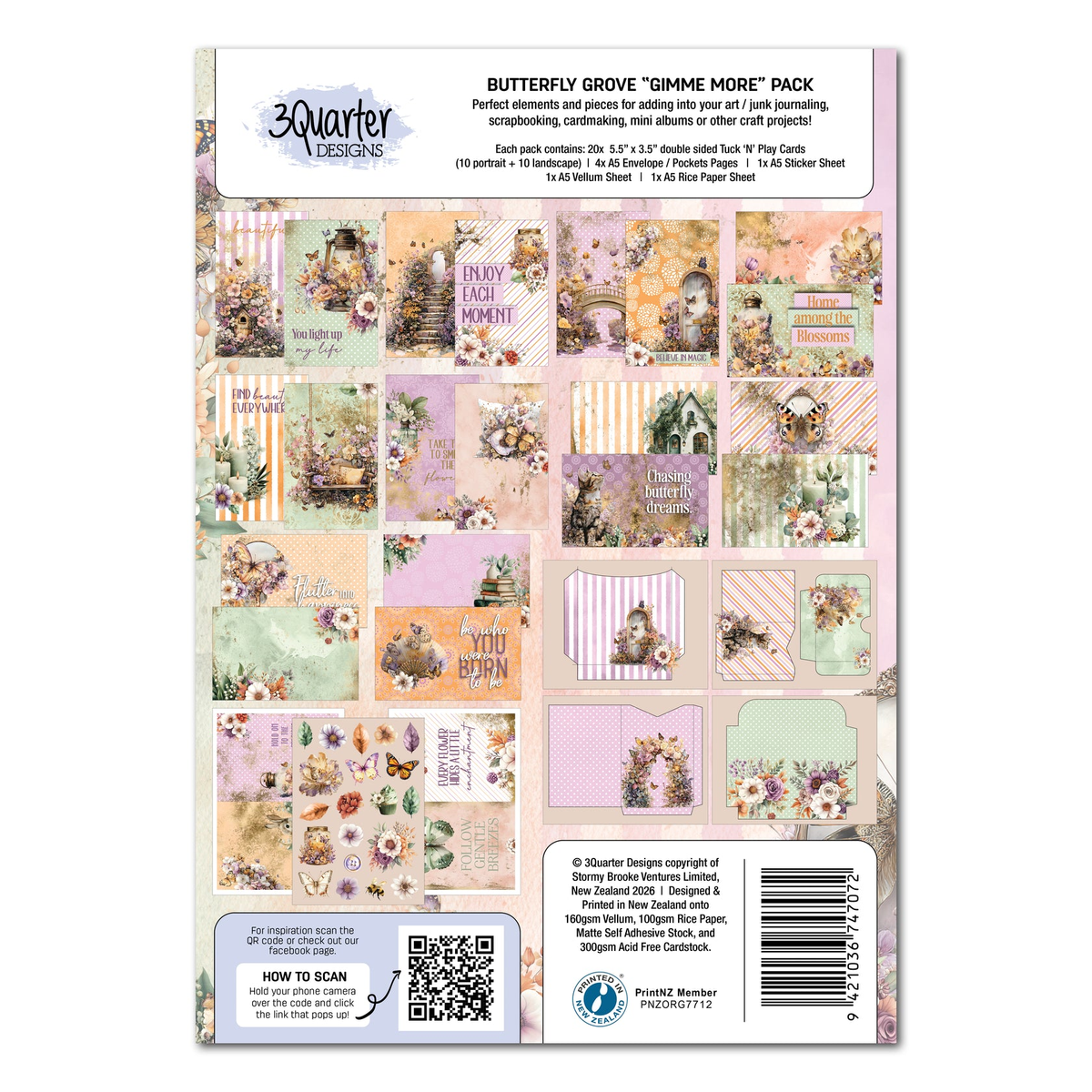 The back of a 3 Quarter Designs 'Butterfly Grove 'Grime More' Pack scrapbooking paper sheet, showing various patterned paper previews, product details, a barcode, and a QR code.