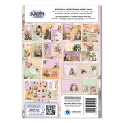 The back of a 3 Quarter Designs 'Butterfly Grove 'Grime More' Pack scrapbooking paper sheet, showing various patterned paper previews, product details, a barcode, and a QR code.