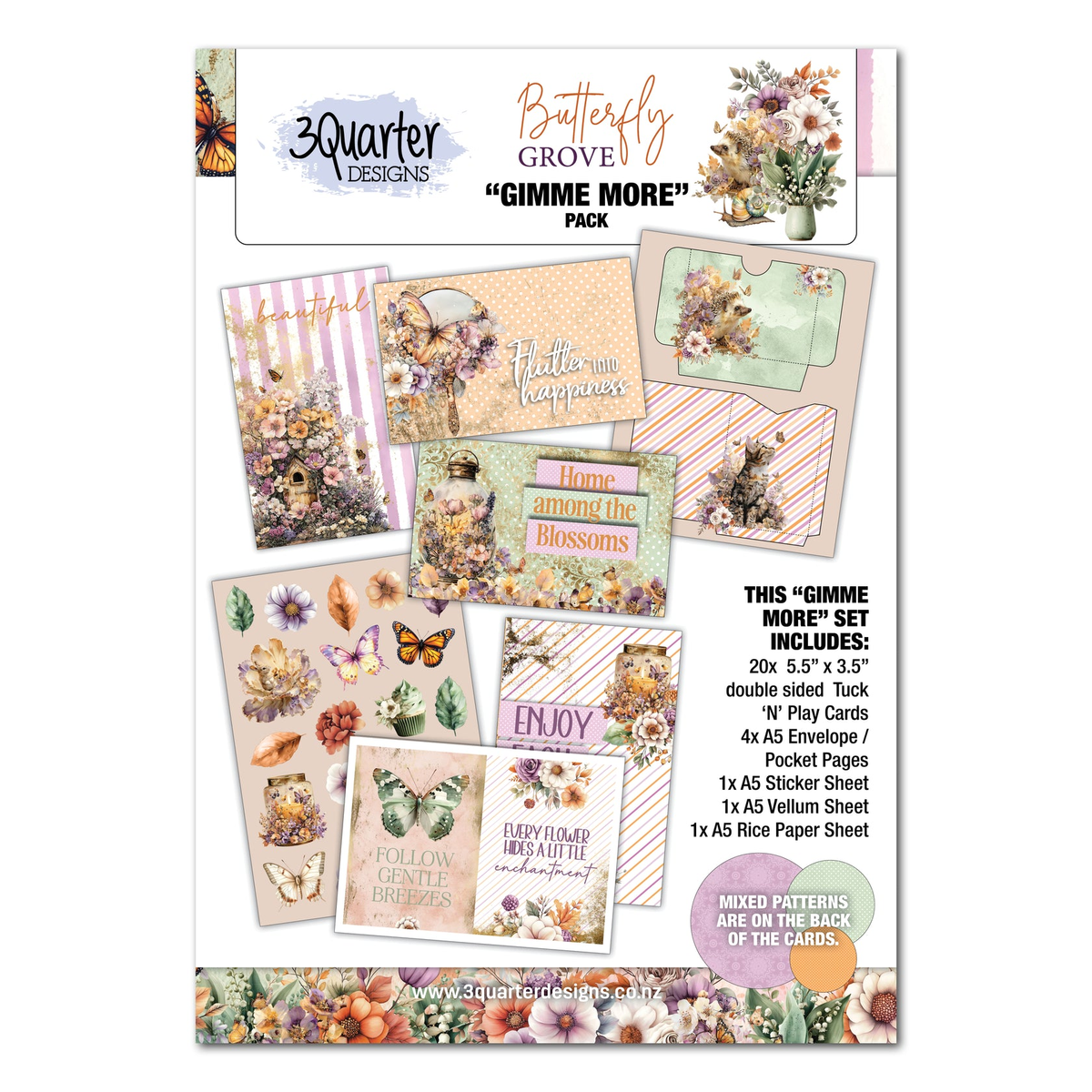 A product card for the 3 Quarter Designs Butterfly Grove 'Gimme More' Pack, displaying various floral and butterfly-themed scrapbooking cards, envelopes, and sticker sheets on a white background with descriptive text.