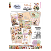 A product card for the 3 Quarter Designs Butterfly Grove 'Gimme More' Pack, displaying various floral and butterfly-themed scrapbooking cards, envelopes, and sticker sheets on a white background with descriptive text.