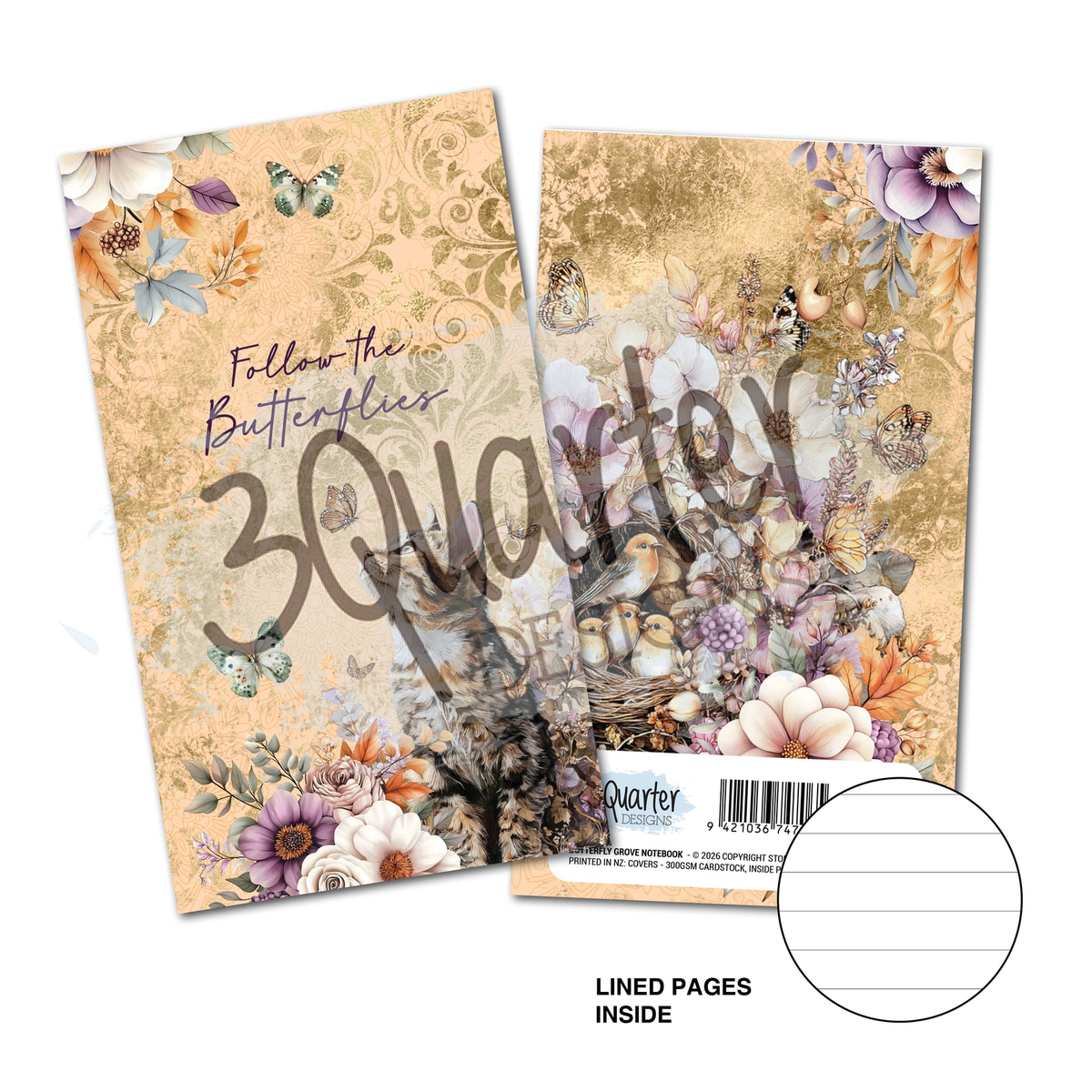 Front and back covers of a notebook shown on a white background, with floral and butterfly collage artwork, the title 'Follow the Butterflies' 3Quarter Designs,a barcode, and a circular inset labeled 'Lined Pages Inside.' This is a clean product presentation with no person, animal, or real environment, so subject_type is Product/Packaging.