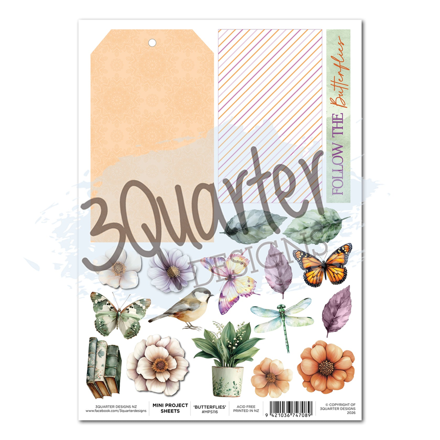 A sheet of decorative scrapbook paper craft sheet featuring watercolor-style botanical illustrations, including flowers, butterflies, leaves, a bird, dragonflies, and striped pattern blocks. Large text reads '3Quarter Designs' and a vertical label says 'FOLLOW THE Butterfly. 3Quarter Designs Butterfly Grove Mini Project Sheet