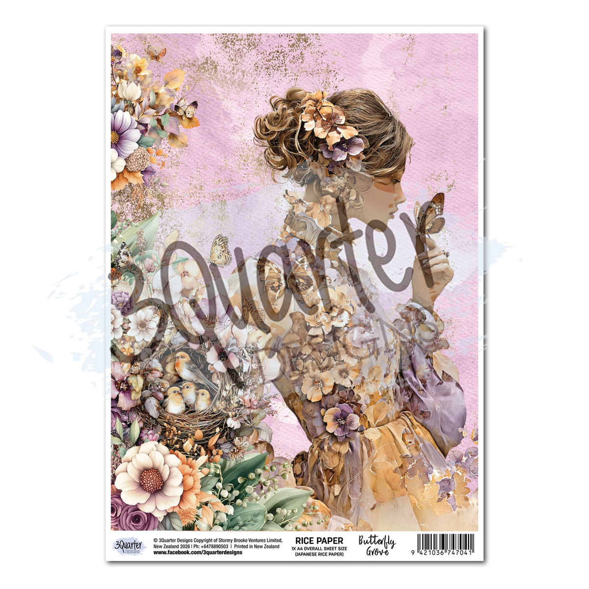 A sheet of rice paper featuring a vintage-style illustration of a woman with flowers in her hair, surrounded by butterflies, flowers, and birds on a pink textured background. The word '3Quarter Designs' is overlaid across the center. 3Quarter Designs Butterfly Grove Rice Paper