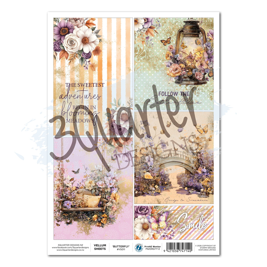 A sheet of printed vellum from 3Quarter Designs called Butterfly Grove. The sheet features a collage of four vintage-style floral and nature scenes in soft pastel colors including pink, purple, green, and orange, with decorative text and a large '3Quarter Designs' watermark across the center.