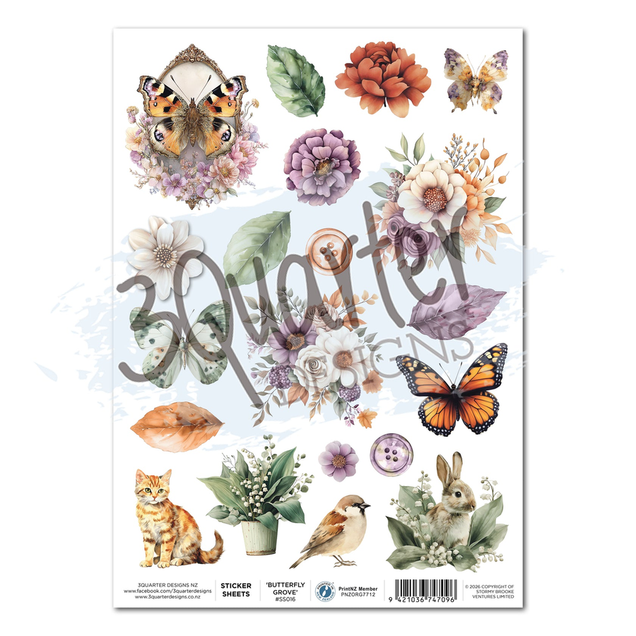 A sheet of watercolor-style stickers from 3Quarter Designs called Butterfly Grove, featuring butterflies, flowers, leaves, a small cat, a bird, a rabbit, and the words '3Quarter Designs' in large script. The sheet is photographed on a white background with a faint blue watercolor splash behind it.