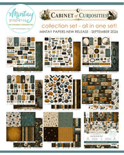 A product collage sheet for the Mintay Papers 'Cabinet of Curiosities' collection set, featuring multiple preview cards of scrapbooking paper designs in a vintage sepia, gold, and black color palette with illustrations of jars, labels, and botanical elements.