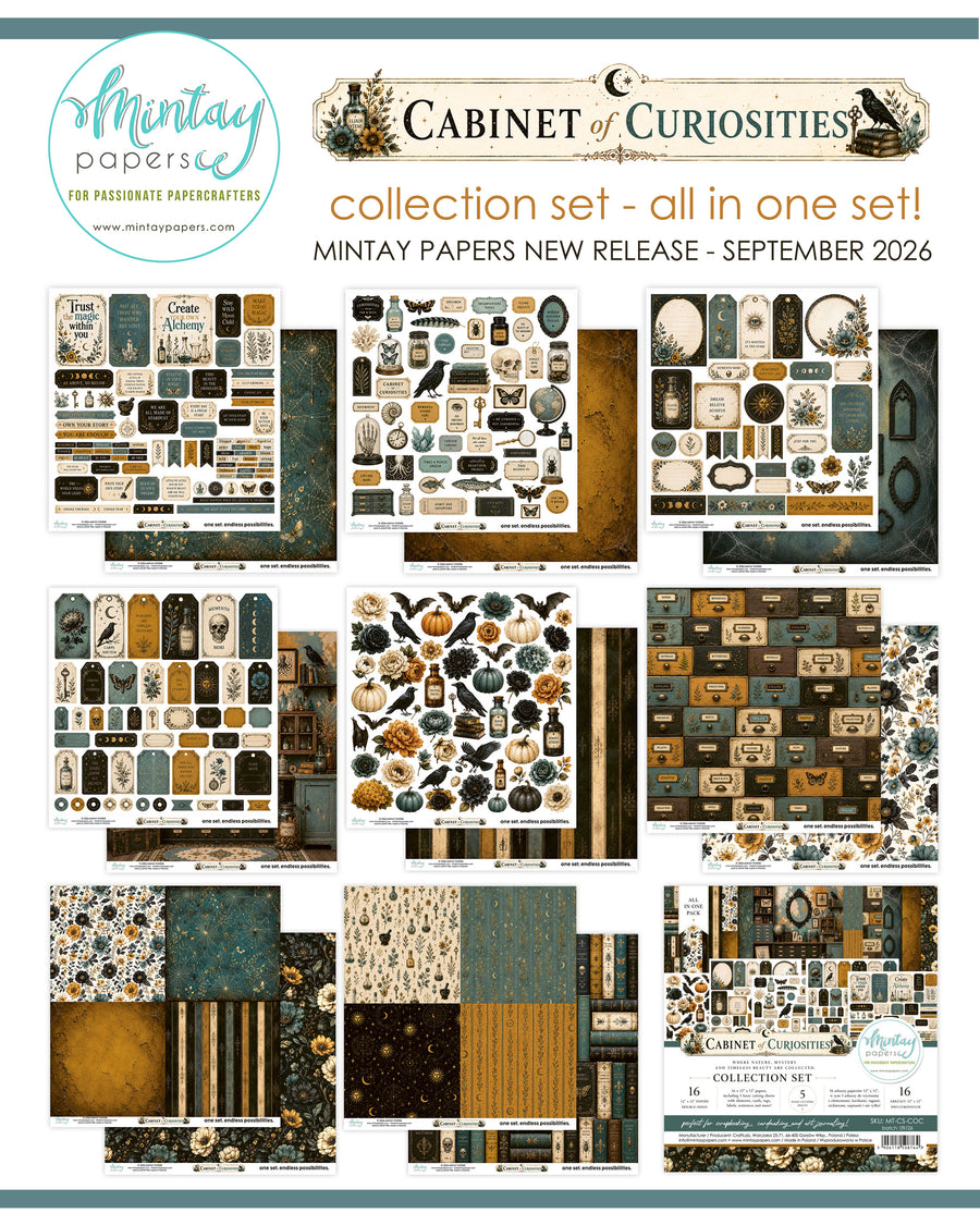A product collage sheet for the Mintay Papers 'Cabinet of Curiosities' collection set, featuring multiple preview cards of scrapbooking paper designs in a vintage sepia, gold, and black color palette with illustrations of jars, labels, and botanical elements.