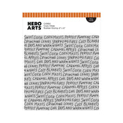 A sheet of Hero Arts Cozy Vibes rubber stamp designs, featuring a repeating pattern of hand-written style text that reads 'SWEET CIDER CORN MAZES PERFECT PUMPKINS CARAMEL APPLES CRUNCHING LEAVES SPARKLING FIRES COZY BLANKETS COOL DAYS AND WARM NIGHTS COY'. The sheet has an orange striped header with the brand 'HERO ARTS' and model 'C0960 Cozy Vibes Rubber Stamp, 6 x 6"'.
