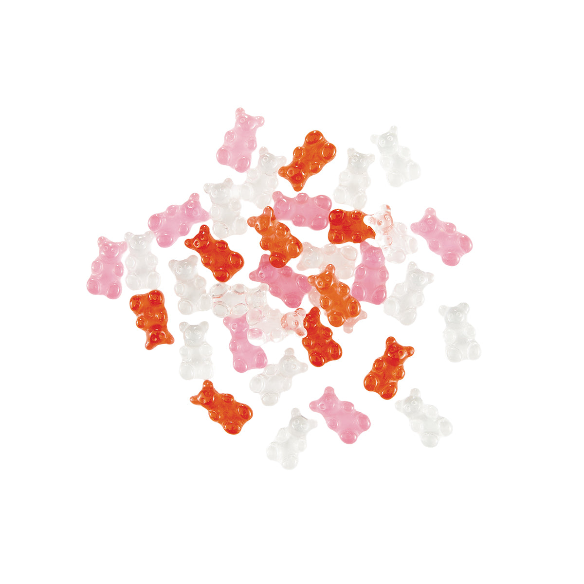 A pile of small translucent gummy bear embellishments in pink, orange, and clear/white, arranged on a plain white background.