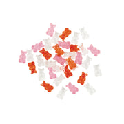 A pile of small translucent gummy bear embellishments in pink, orange, and clear/white, arranged on a plain white background.