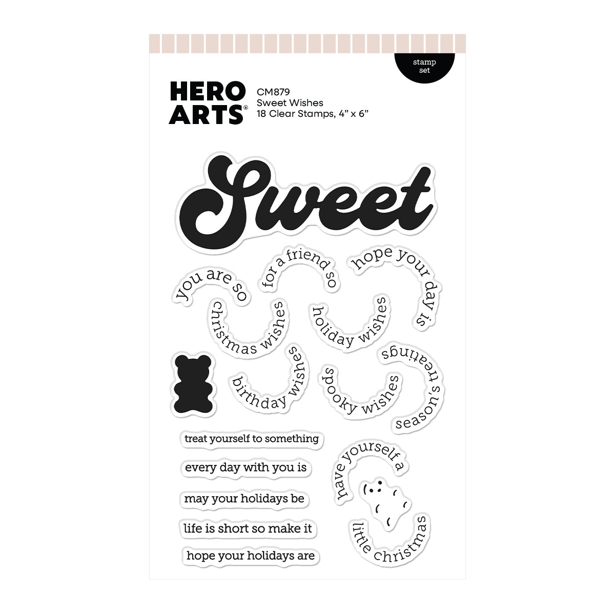 Hero Arts Sweet Wishes clear stamp set in a 4 x 6 inch package, featuring 18 clear stamps with black printed lettering and phrases on a white background.