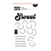 Hero Arts Sweet Wishes clear stamp set in a 4 x 6 inch package, featuring 18 clear stamps with black printed lettering and phrases on a white background.