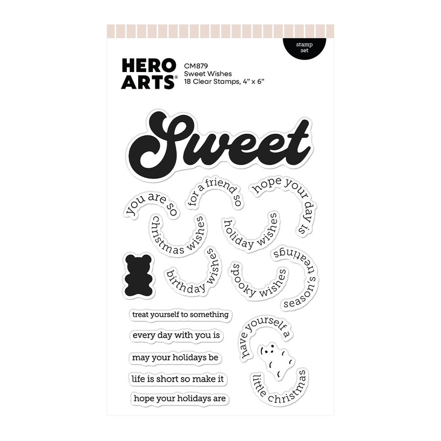 Hero Arts Sweet Wishes clear stamp set in a 4 x 6 inch package, featuring 18 clear stamps with black printed lettering and phrases on a white background.