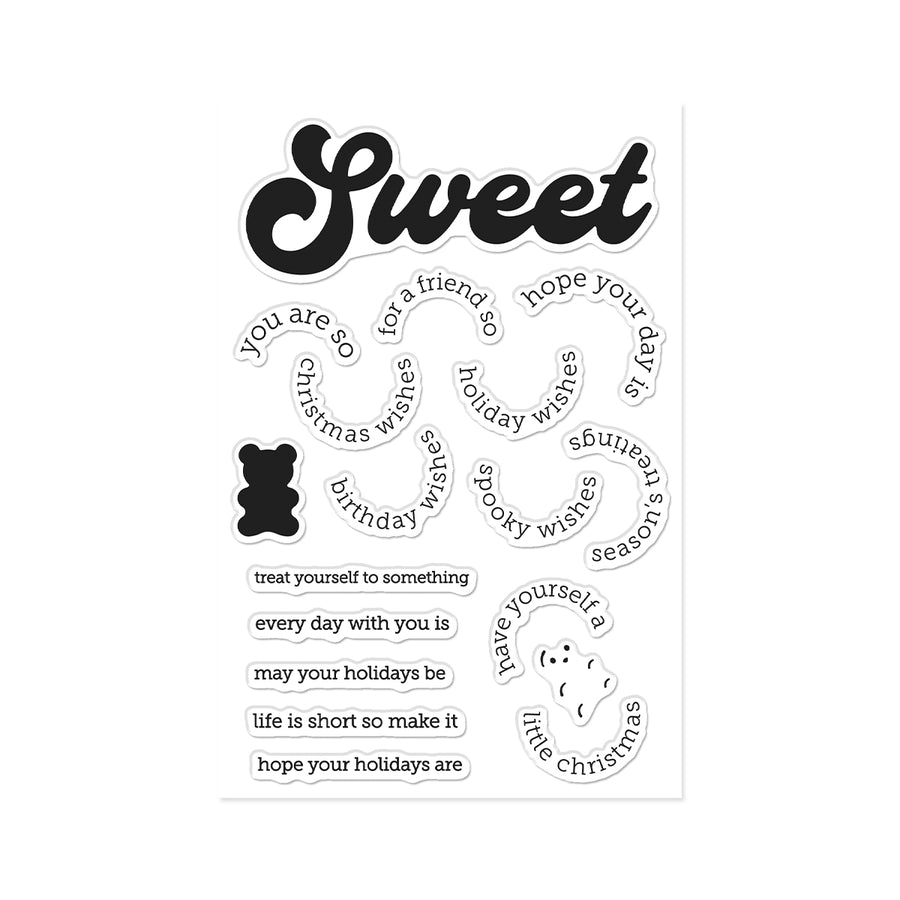 A sheet of clear stamps with black text phrases and a small black bear silhouette, shown on a plain white background.