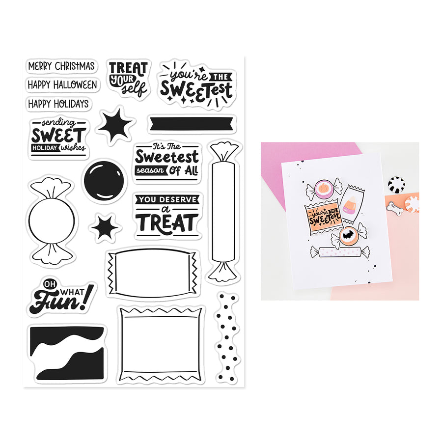 A sheet of clear stamp designs with black holiday and Halloween-themed phrases and graphics, shown next to a sample card featuring a candy illustration and a glass of punch.