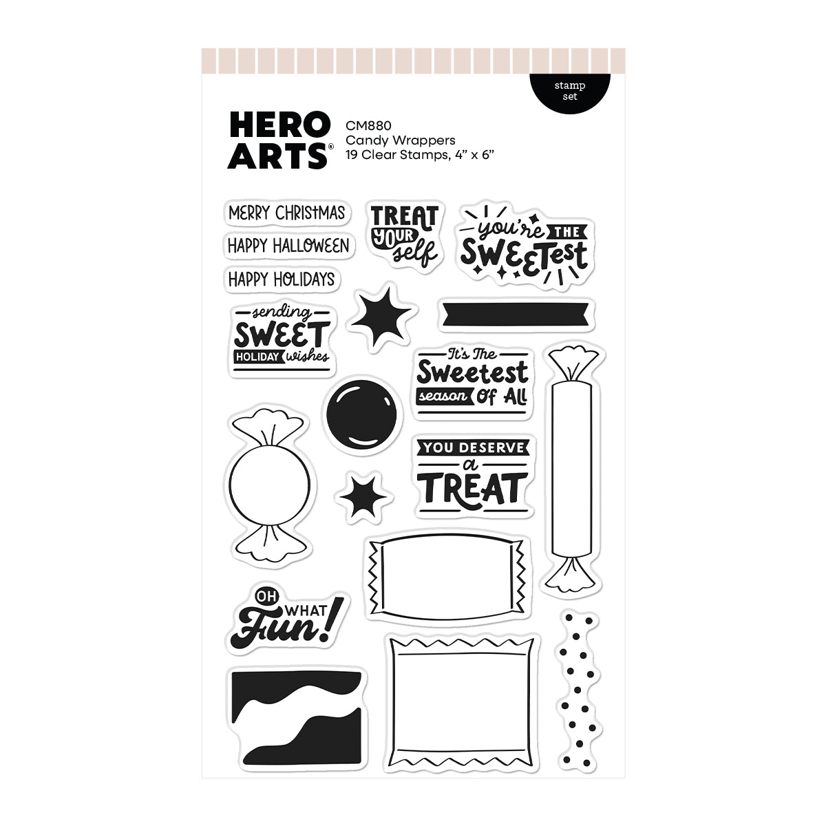 Hero Arts Candy Wrappers clear stamps CM880, featuring 19 clear stamps with black holiday-themed designs and text on a white backing sheet.