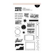 Hero Arts Candy Wrappers clear stamps CM880, featuring 19 clear stamps with black holiday-themed designs and text on a white backing sheet.