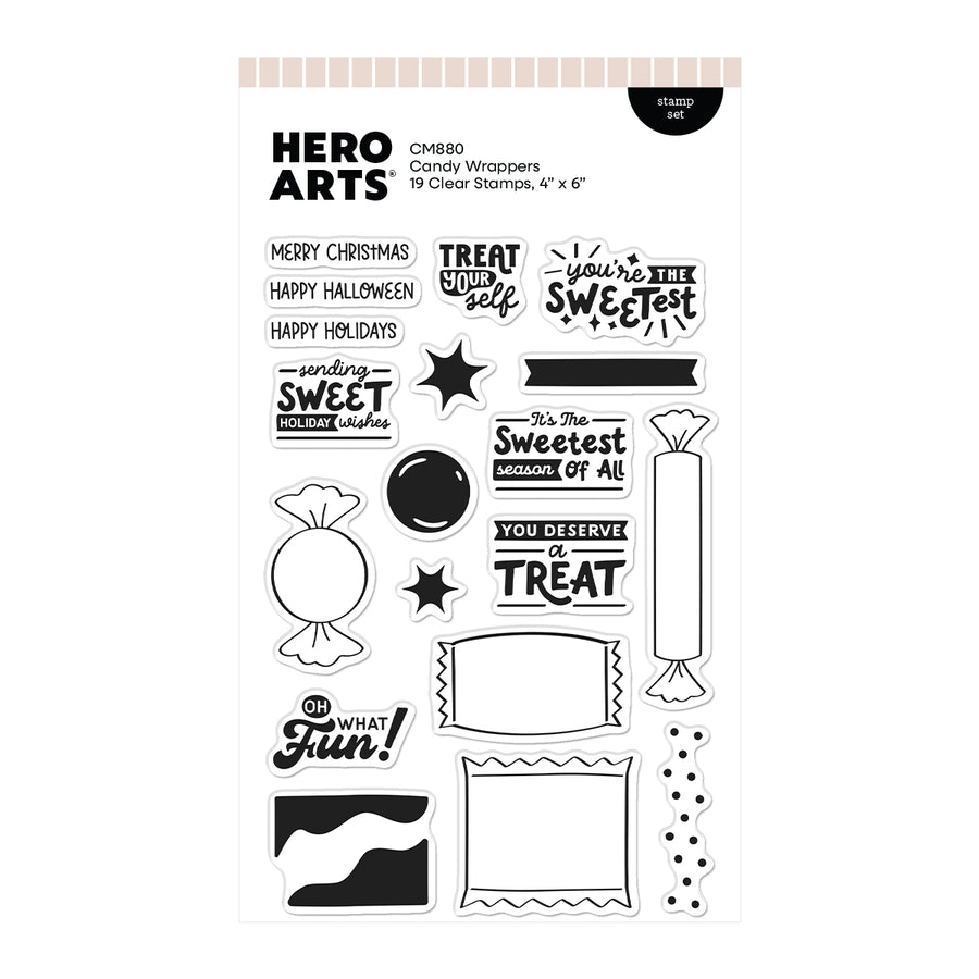 Hero Arts Candy Wrappers clear stamps CM880, featuring 19 clear stamps with black holiday-themed designs and text on a white backing sheet.