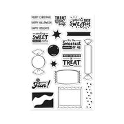 A sheet of clear stamp designs featuring Halloween-themed phrases and candy illustrations in black and white, including 'Treat your self', 'The Sweetest Product of All', and 'Oh What Fun!'.