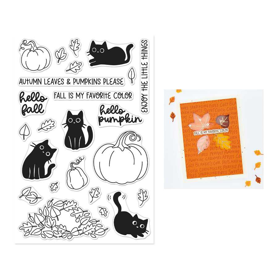 Clear stamp sheet featuring autumn-themed black cat and pumpkin illustrations with phrases like 'Hello fall' and 'Fall is my favorite color,' shown next to a handmade orange card with fall leaves.