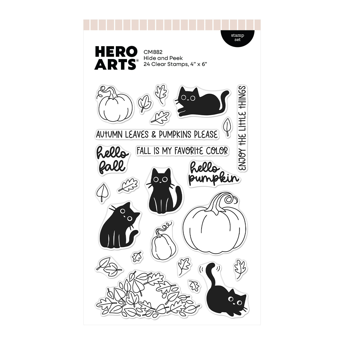 Hero Arts 4x6 clear stamp sheet titled 'CMM882 Hide and Peek' featuring black cat and pumpkin illustrations with autumn-themed phrases like 'hello fall' and 'pumpkin pie' on a white background.