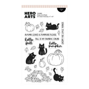 Hero Arts 4x6 clear stamp sheet titled 'CMM882 Hide and Peek' featuring black cat and pumpkin illustrations with autumn-themed phrases like 'hello fall' and 'pumpkin pie' on a white background.