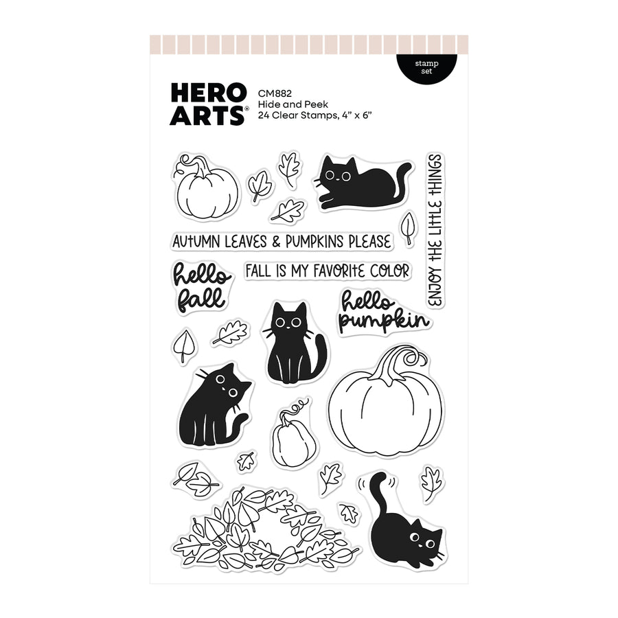 Hero Arts 4x6 clear stamp sheet titled 'CMM882 Hide and Peek' featuring black cat and pumpkin illustrations with autumn-themed phrases like 'hello fall' and 'pumpkin pie' on a white background.