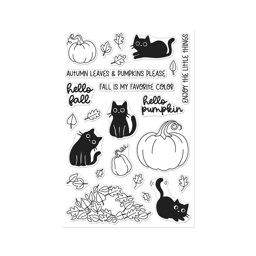 A sheet of clear stamp designs featuring black cat illustrations, pumpkins, autumn leaves, and fall-themed phrases including 'Autumn Leaves & Pumpkins Please', 'Hello Fall', and 'Fall is My Favorite Color' on a white background.