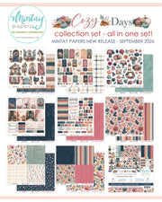A product collage sheet for the Mintay Papers Cozy Days collection set, September 2026 release. The sheet features a collection of various patterned paper designs, scrapbooking paper swatches, and decorative sticker sheets arranged in a grid, with promotional text at the top.