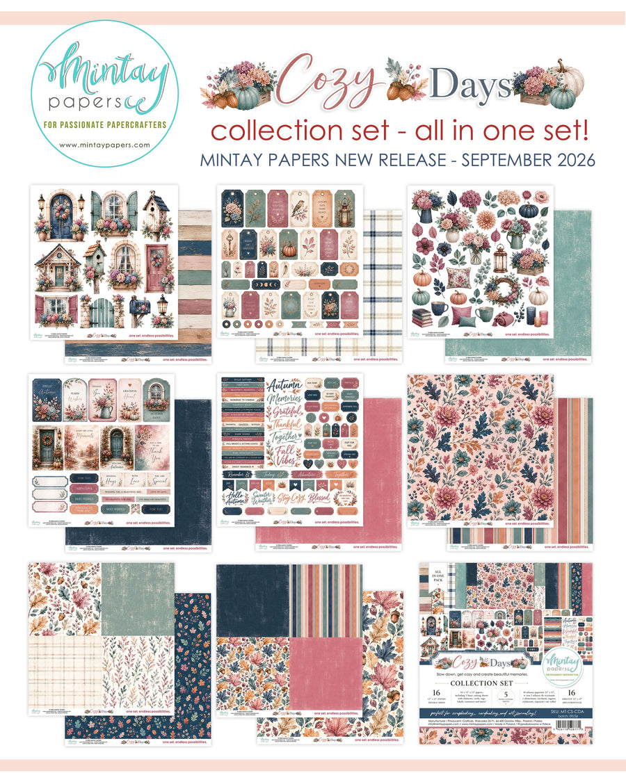 A product collage sheet for the Mintay Papers Cozy Days collection set, September 2026 release. The sheet features a collection of various patterned paper designs, scrapbooking paper swatches, and decorative sticker sheets arranged in a grid, with promotional text at the top.