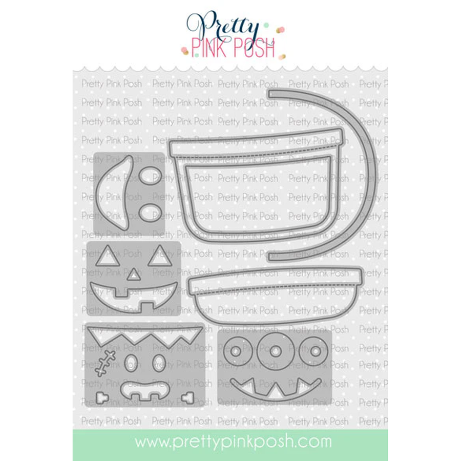A sheet of Halloween-themed metal cutting dies as well as a bucket from Pretty Pink Posh called Candy Bucket Dies, featuring jack-o'-lantern, cat, and ghost face outlines on a white background with a repeating brand watermark.