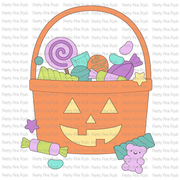 A colorful Halloween-themed clipart design called candy Bucket featuring an orange pumpkin-shaped basket filled with candy, a purple lollipop, a purple candy corn, wrapped treats, a purple teddy bear, and stars, shown on a white background with a repeating 'Pretty Pink Posh' watermark.