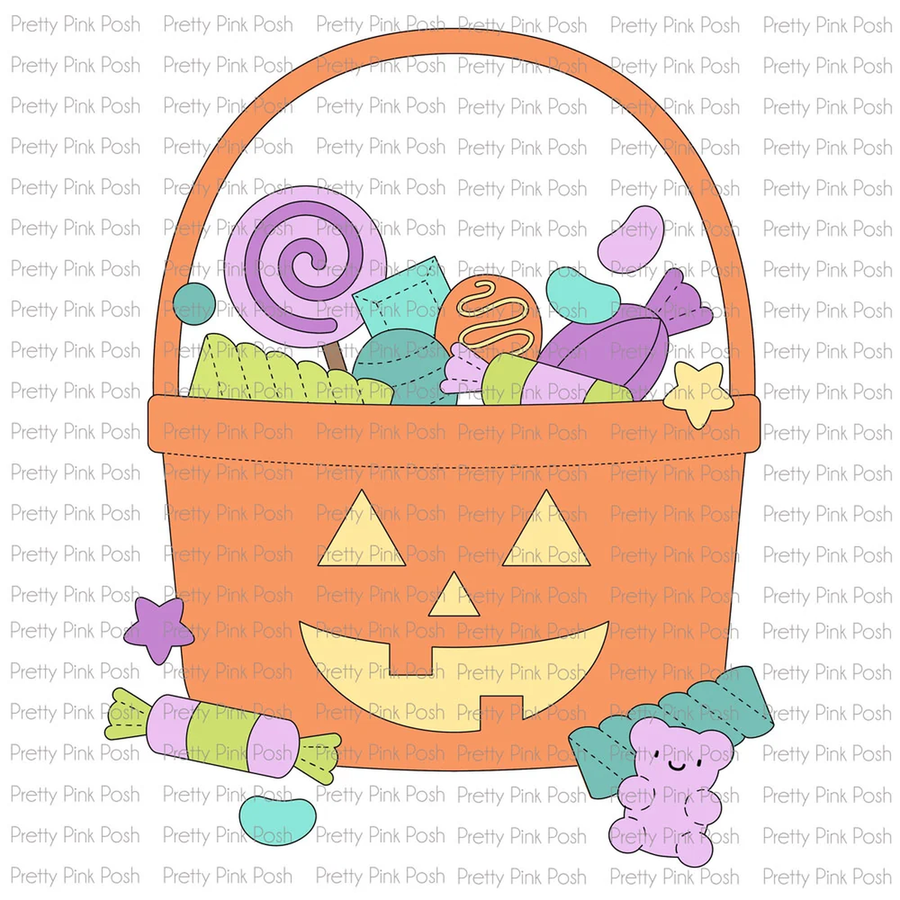 A colorful Halloween-themed clipart design called candy Bucket featuring an orange pumpkin-shaped basket filled with candy, a purple lollipop, a purple candy corn, wrapped treats, a purple teddy bear, and stars, shown on a white background with a repeating 'Pretty Pink Posh' watermark.