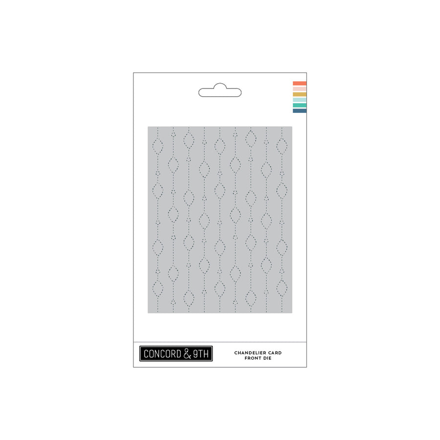 Concord & 9th Chandelier Card Front Die packaging, featuring a gray square with repeating dotted diamond outlines and a small multicolor color strip on the top right.