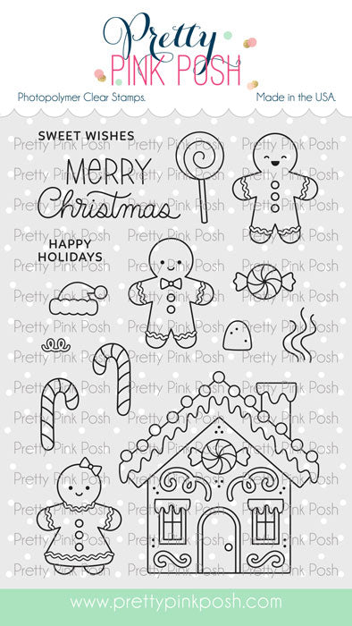A sheet of Pretty Pink Posh photopolymer clear stamps featuring Christmas gingerbread-themed designs, including a gingerbread house, candy canes, lollipop, peppermint, snowman, and holiday greeting text on a white background with brand watermarking. Pretty Pink Posh Christmas Gingerbread Stamp Set