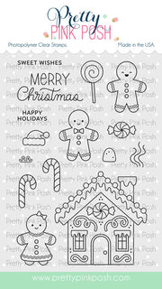 A sheet of Pretty Pink Posh photopolymer clear stamps featuring Christmas gingerbread-themed designs, including a gingerbread house, candy canes, lollipop, peppermint, snowman, and holiday greeting text on a white background with brand watermarking. Pretty Pink Posh Christmas Gingerbread Stamp Set