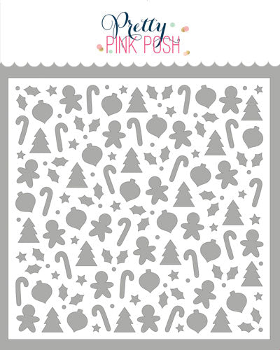 A sheet of Christmas-themed stencil shapes including candy canes, gingerbread men, ornaments, trees, and stars, with the Pretty Pink Posh brand name at the top. Pretty Pink Posh Christmas Shapes Stencil