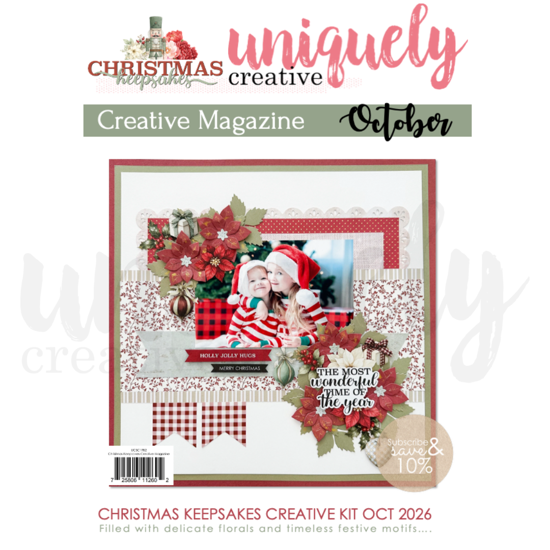 Promotional cover for the October issue of the 'Christmas Keepsakes Creative Kit' by uniquely creative. The design features a central sample scrapbook layout with festive red poinsettias, a photo of two children in Santa hats, and holiday patterns, set against a clean white background with branding text. Uniquely Creative - Christmas Keepsakes Magazine (Christmas Keepsakes Collection)