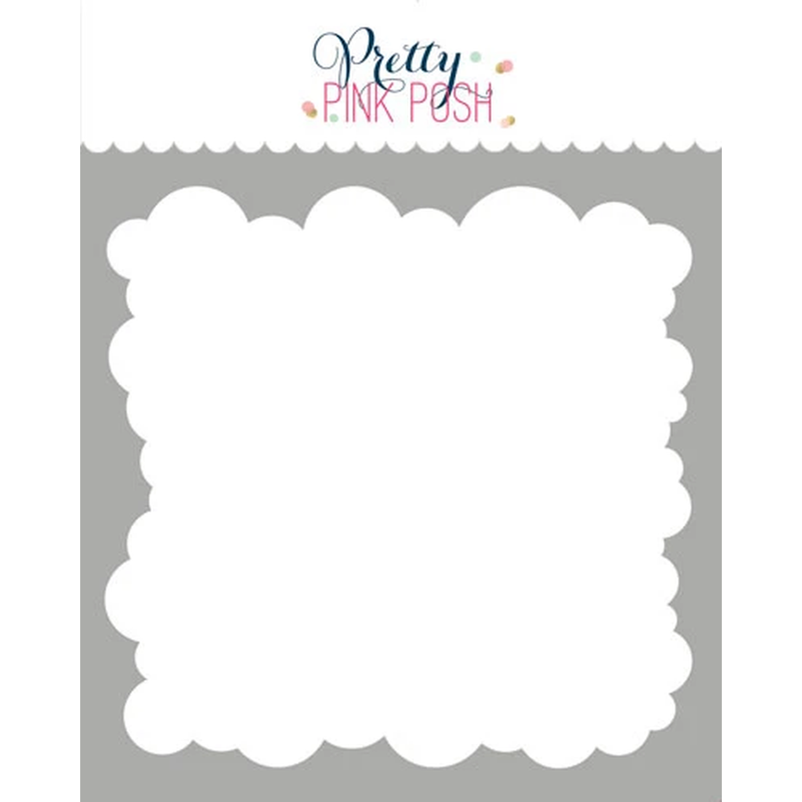 A scalloped white paper or cardstock sheet with a decorative border, shown on a gray backing card labeled Pretty Pink Push. Product is called Pretty Pink Posh Clouds Stencil