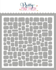 A flat sheet of gray stone-patterned pieces on a white background, with the Pretty Pink Posh brand name printed at the top. Pretty Pink Posh Cobblestone Stencil