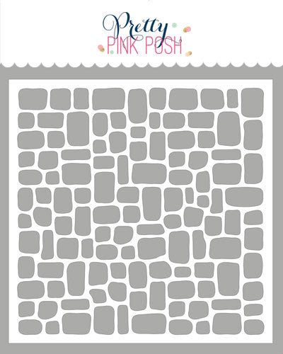 A flat sheet of gray stone-patterned pieces on a white background, with the Pretty Pink Posh brand name printed at the top. Pretty Pink Posh Cobblestone Stencil