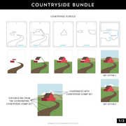 A digital preview sheet titled 'Countryside Bundle' showing illustrated stencil designs and two versions of a red barn scene with a winding brown path and green hills. Text notes that textures are from the coordinating countryside stamp set 
