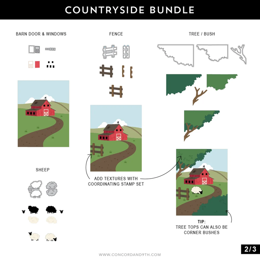 A digital preview sheet for a 'Countryside Bundle' by Concord and 9th, showing various vector graphics and stamp designs for crafting. The bundle includes a barn, red barn door and windows, a fence, trees, sheep, and coordinating stamp sets, all arranged in a grid with text labels and arrows on a white background.