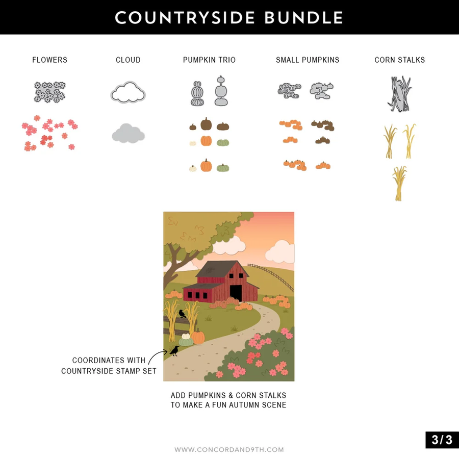 A digital preview sheet for a 'Countryside Bundle' featuring autumn-themed clipart elements including flowers, a cloud, a pumpkin trio, small pumpkins, and corn stalks, with an assembled autumn farm scene illustration at the bottom showing a barn, path, trees, and pumpkins.