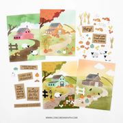 A set of autumn-themed scrapbook cards and matching paper embellishments featuring a rustic farm scene with a barn, sheep, pumpkins, and fall foliage. The cards include printed messages such as 'Hey! I hope you find some joy today' and 'I love our friendship.