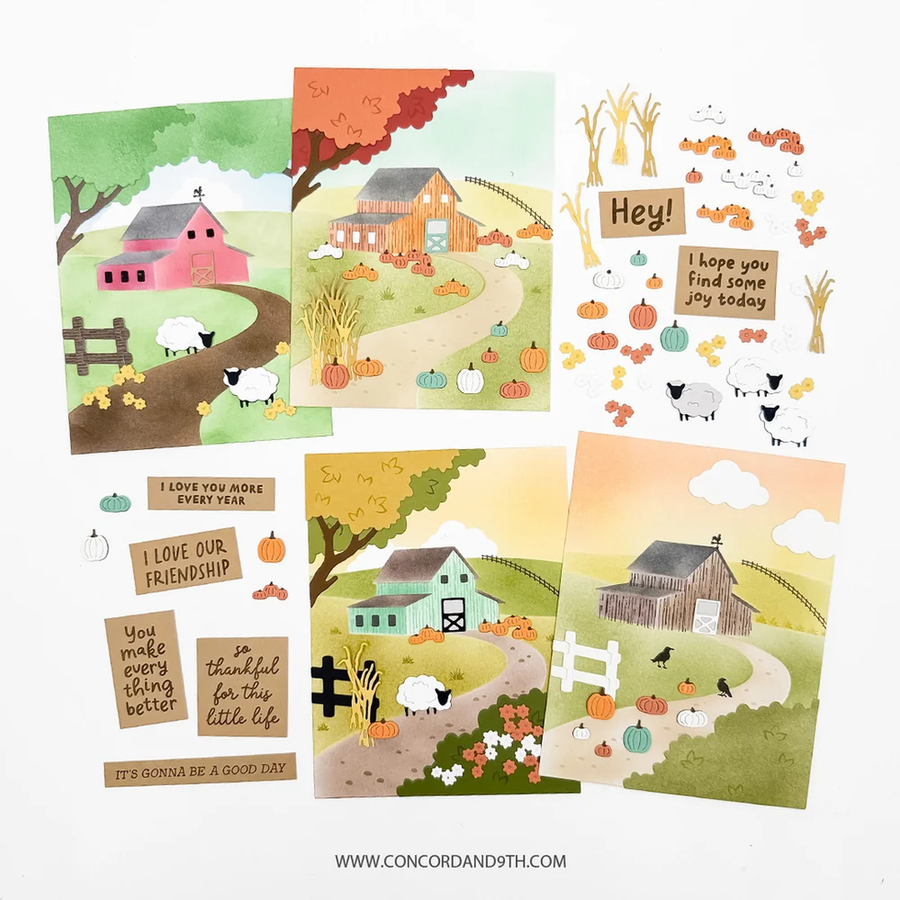 A set of autumn-themed scrapbook cards and matching paper embellishments featuring a rustic farm scene with a barn, sheep, pumpkins, and fall foliage. The cards include printed messages such as 'Hey! I hope you find some joy today' and 'I love our friendship.