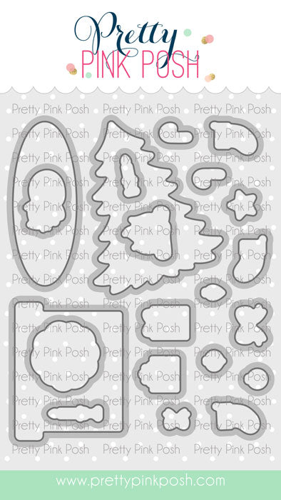 A sheet of craft die-cut shapes from Pretty Pink Posh, featuring various holiday and whimsical outlines on a white background with a green footer containing the website address. Pretty Pink Posh Cozy Christmas Coordinating Dies